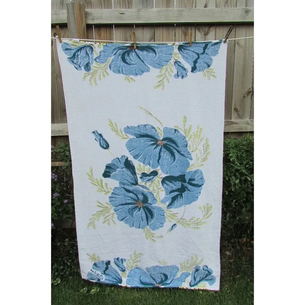 Dundee Oversize Beach Towel Hand Printed Bold Blue Green Floral 60x27 Vintage